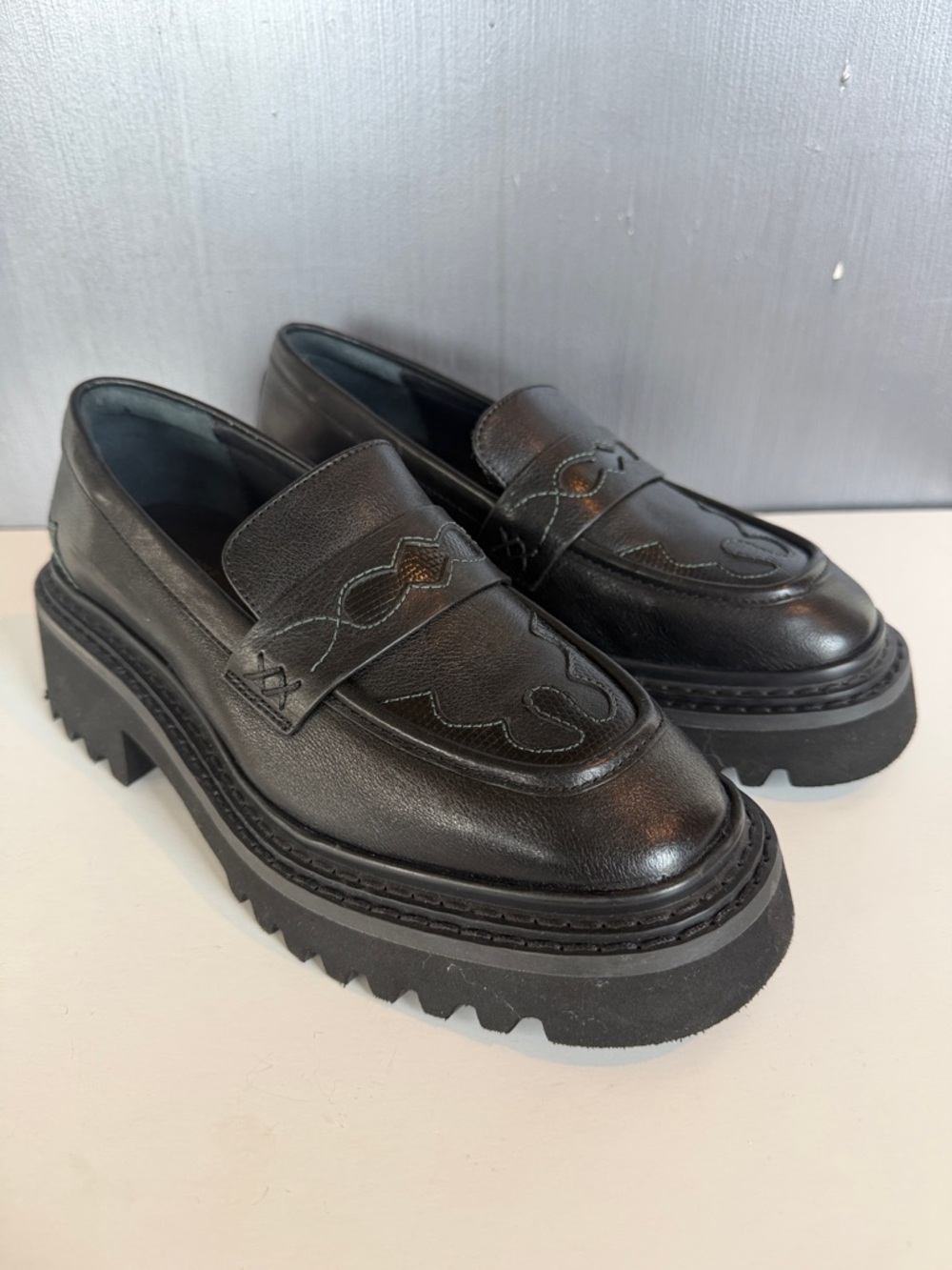 Free People Black Leather Platform Lug Sole Loafers - size 7